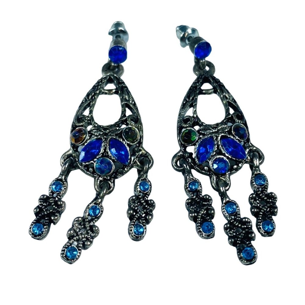 Earrings Pierced Dangle Drop Silver Color Metal Shades of Blue Rhinestones